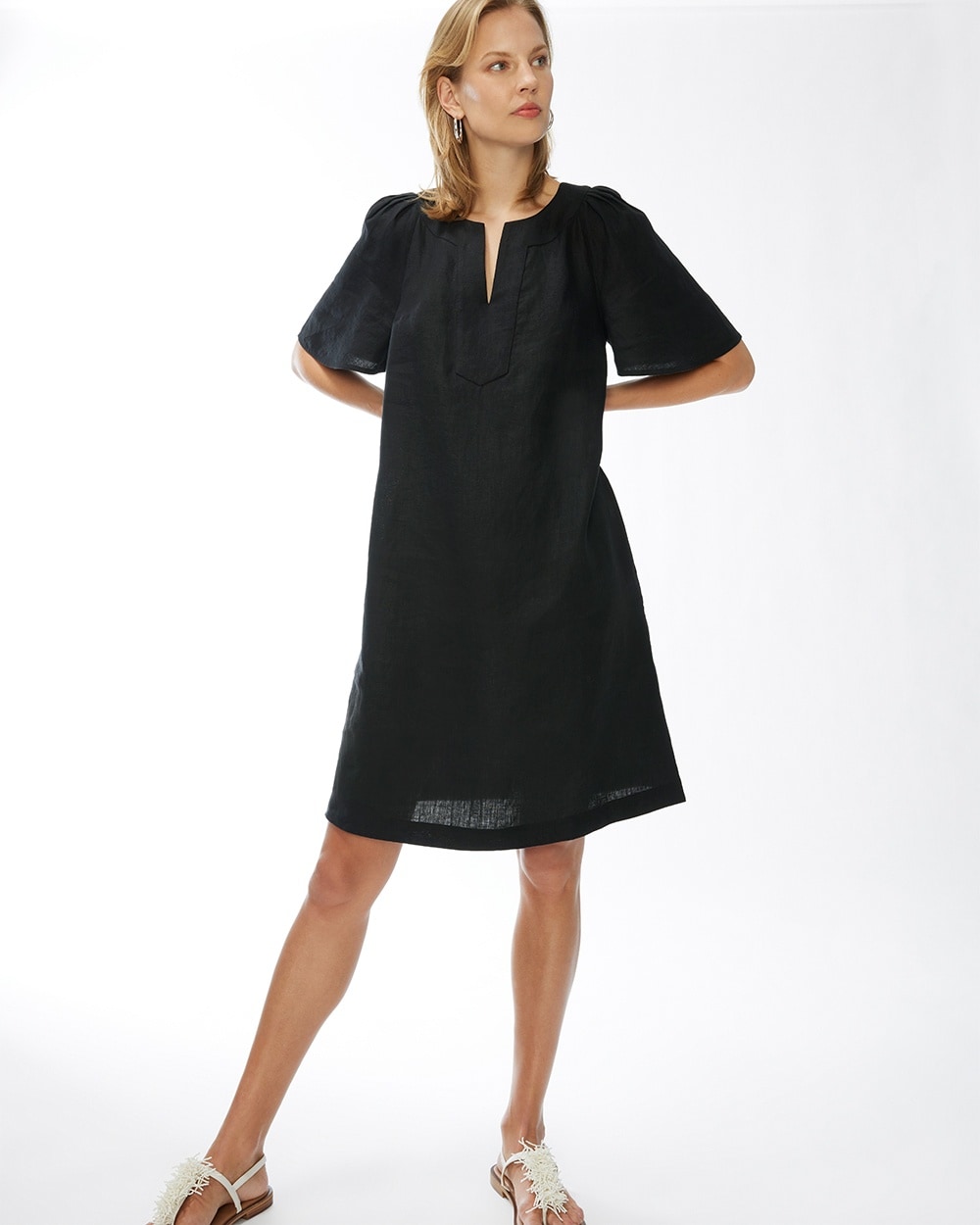 Linen Flutter Sleeve Dress Black