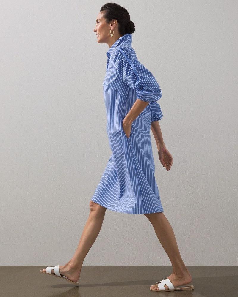 Stripe Poplin Ruched Sleeve Dress Wisteria Blue