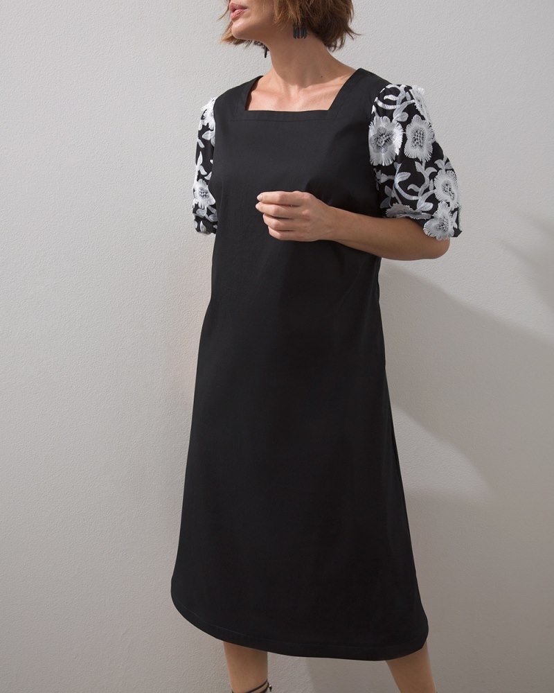 3D Embroidered Sleeve Midi Dress Black/White