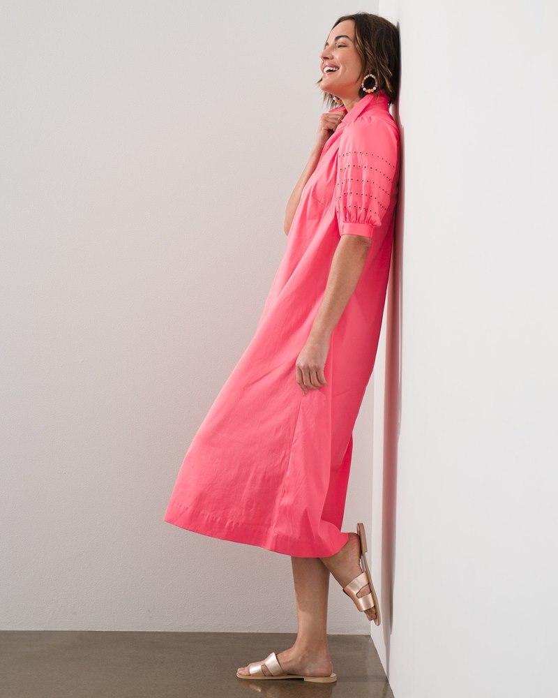 Eyelet Puff Sleeve Midi Dress Calypso Coral