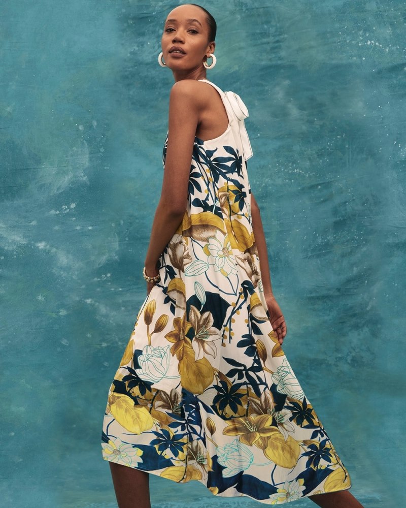 Tie-Back Floral Trapeze Dress Sol Yellow