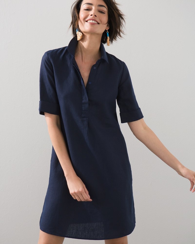 Linen Popover Dress Classic Navy