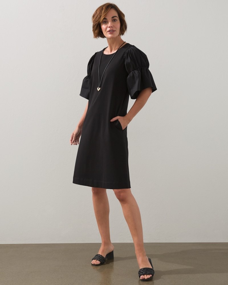 Knit-Woven Mix Tiered Sleeve Dress Black