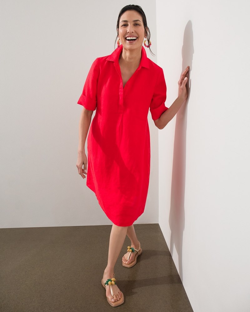 Linen Popover Dress Flame Scarlet