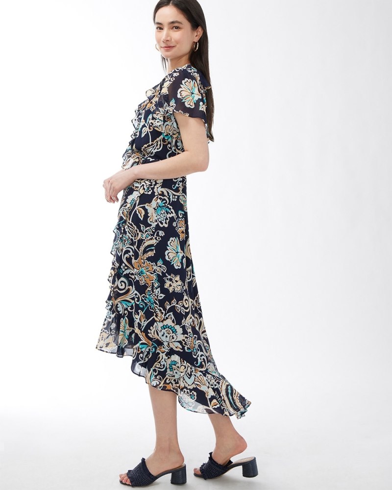 Faux Wrap Paisley Ruffle Dress Classic Navy