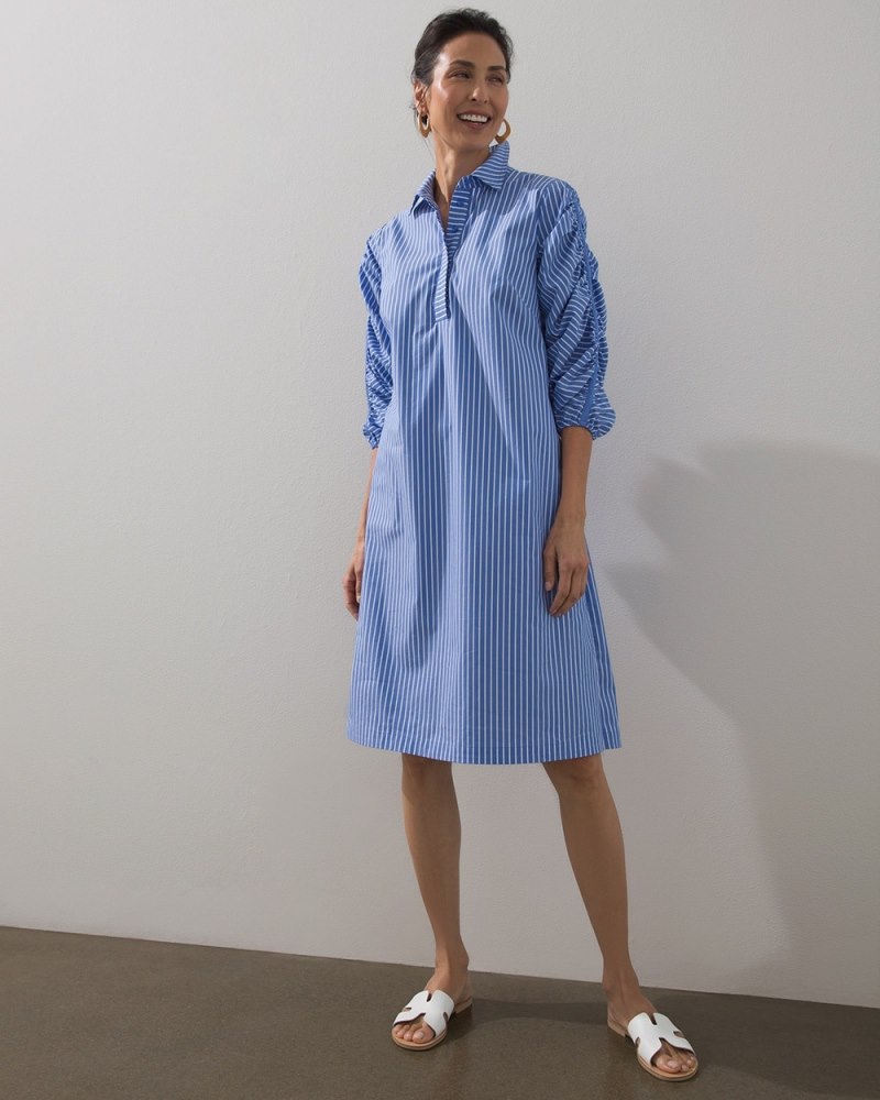 Stripe Poplin Ruched Sleeve Dress Wisteria Blue