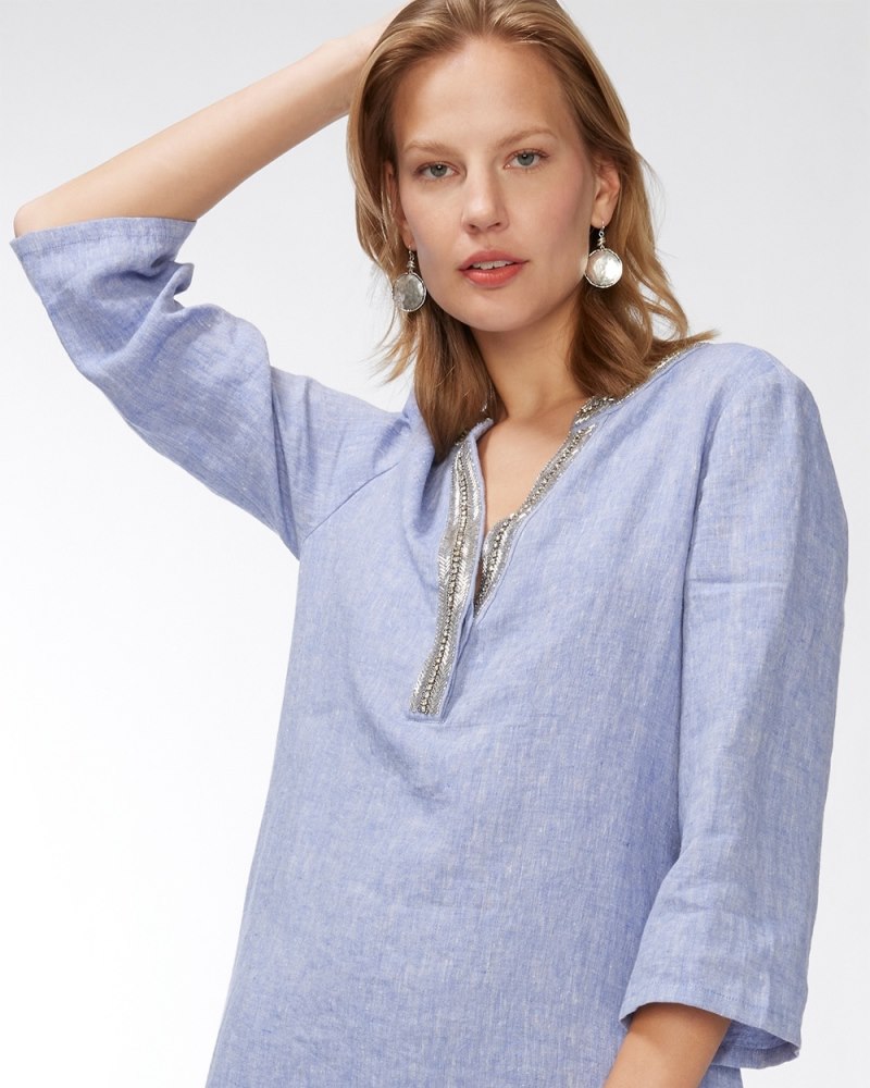 Embellished Beaded Linen Dress Blue Veil