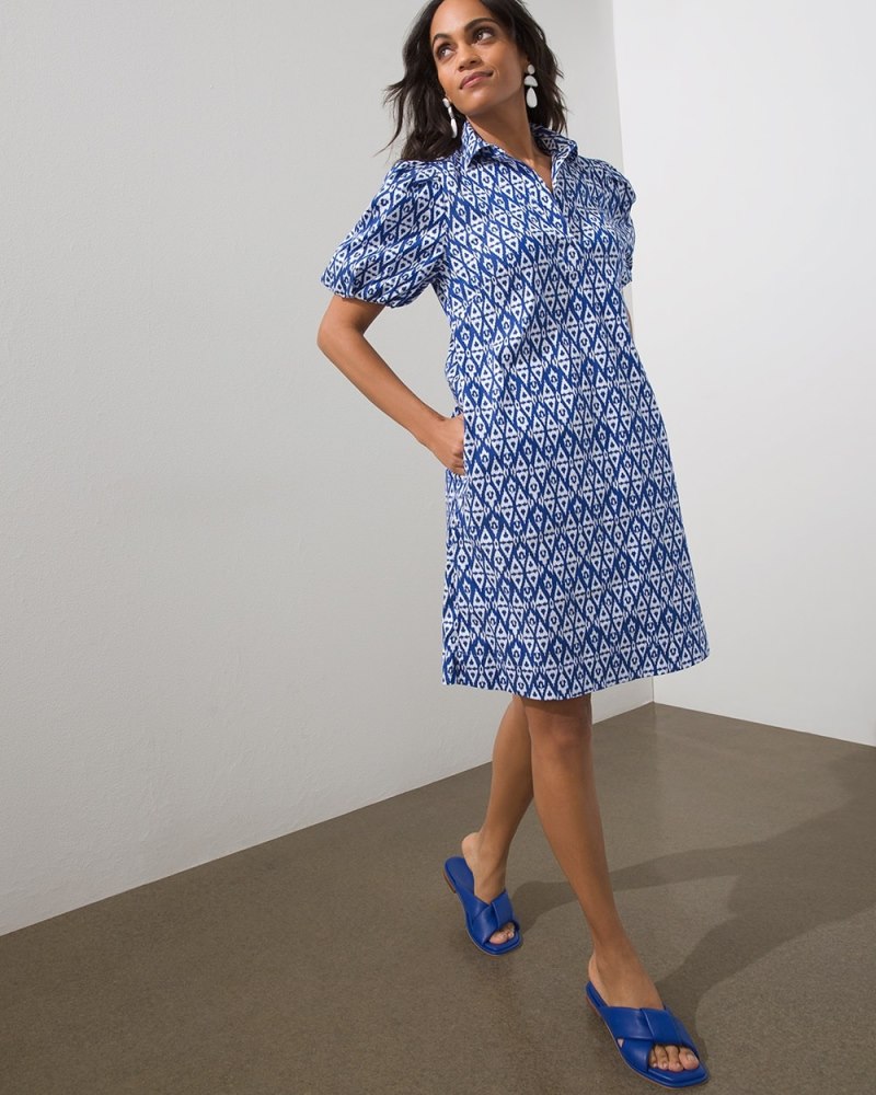 Poplin Ikat Balloon Sleeve Dress Rich Cobalt