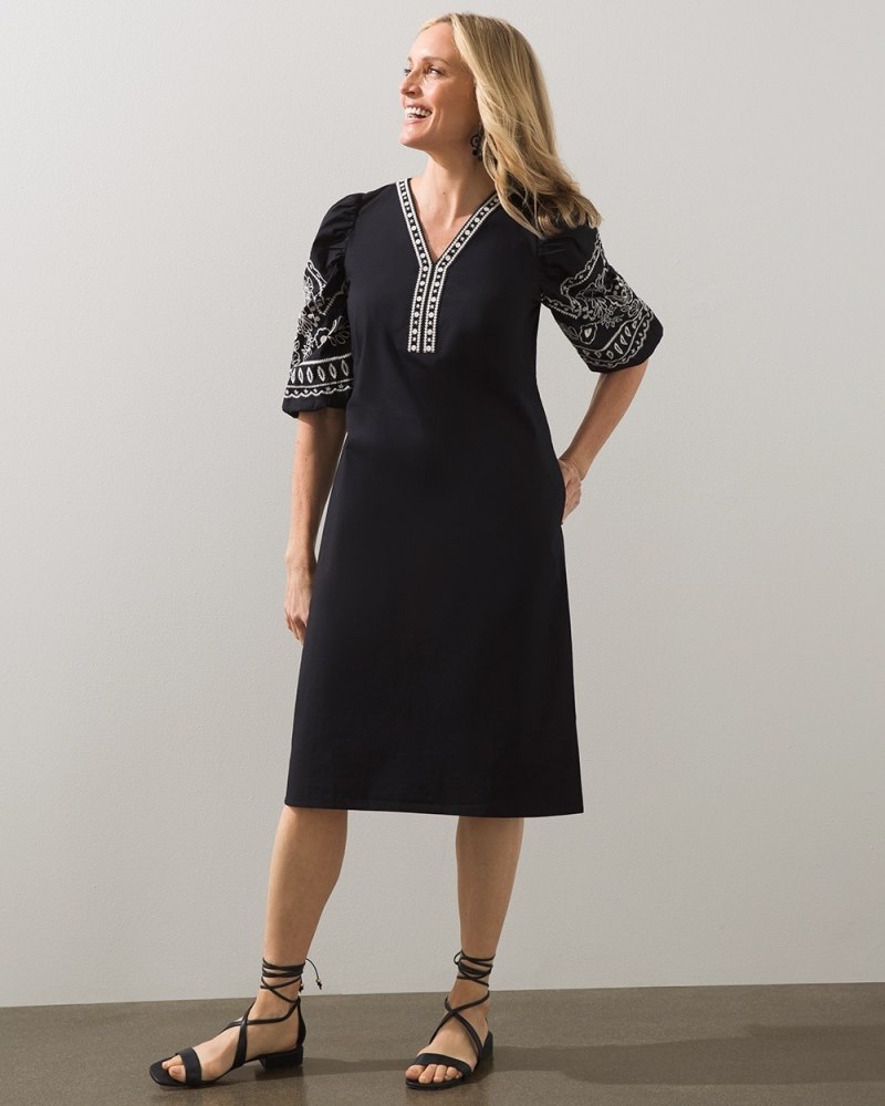 Embroidered Eyelet Sleeve Midi Dress Black