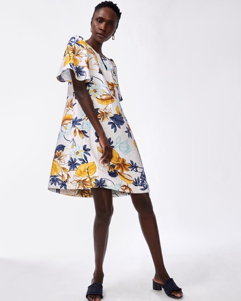 Linen Floral Flutter Sleeve Dress Sol Yellow