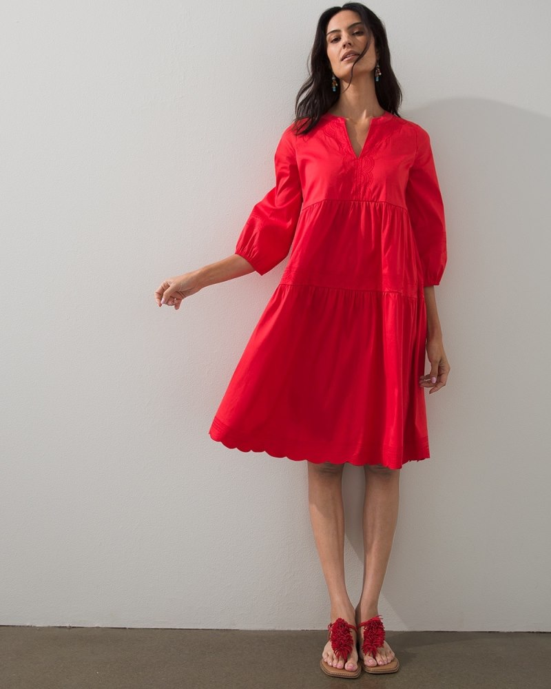 Embroidered Tiered Dress Flame Scarlet