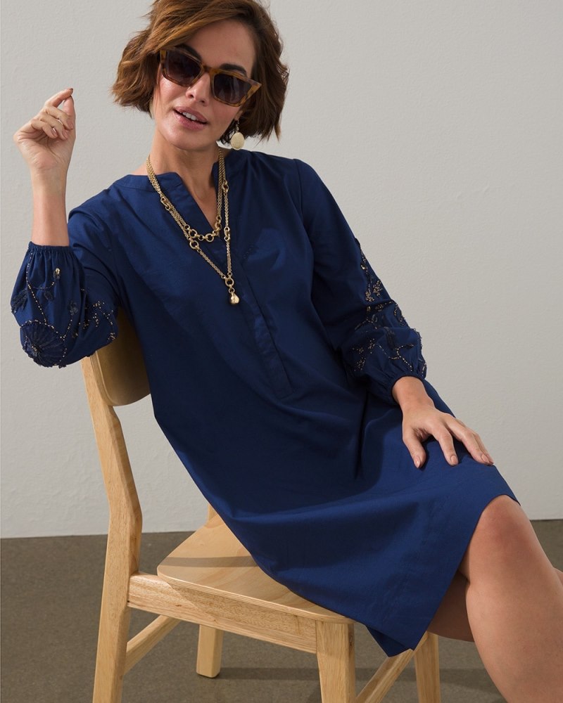 Applique Sleeve Short Dress Medieval Blue