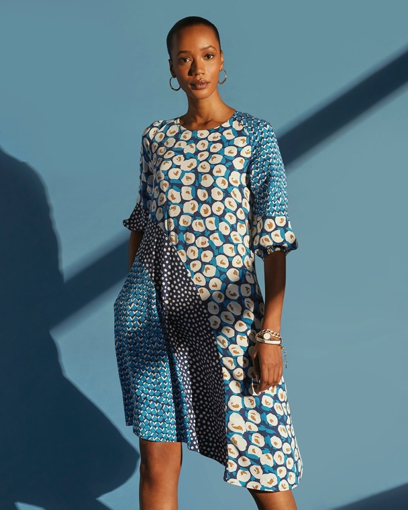 Mixed Dot Poet Sleeve Short Dress Medieval Blue