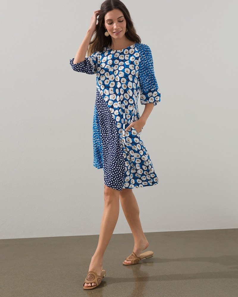 Mixed Dot Poet Sleeve Short Dress Medieval Blue