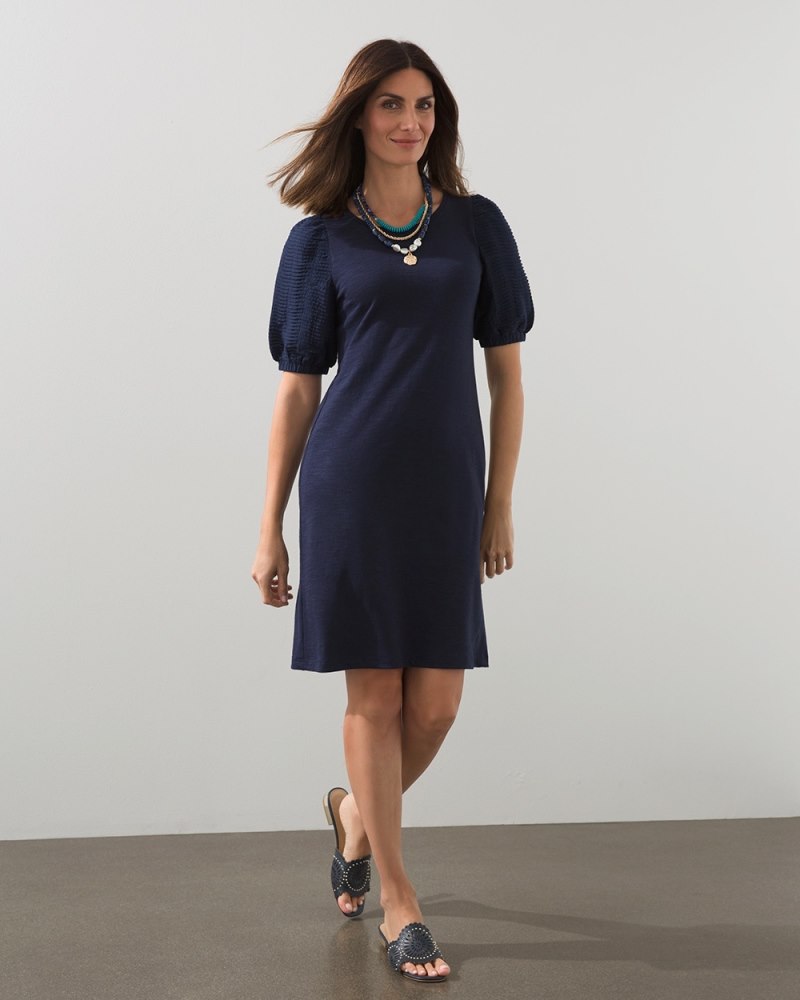 Textured Puff Sleeve Short Dress Classic Navy