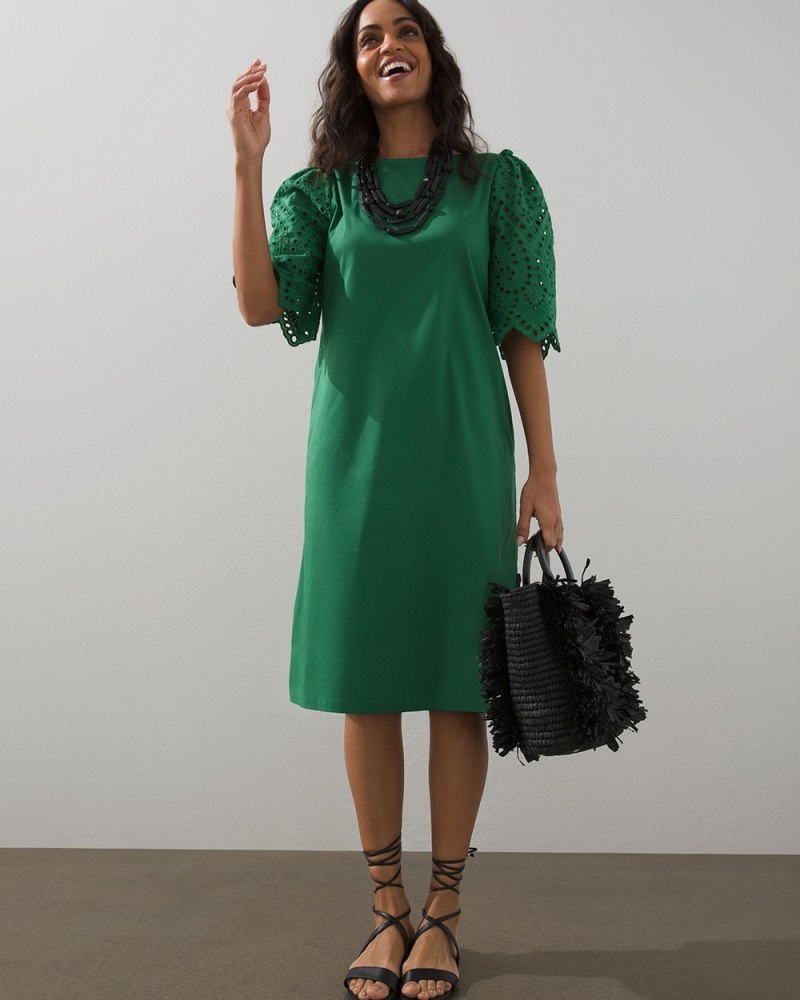 Poplin Eyelet Sleeve Shift Dress Black