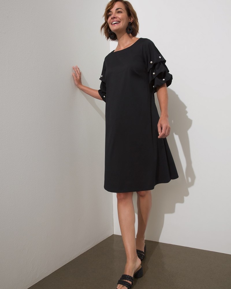 Poplin Faux Pearl Dress Black