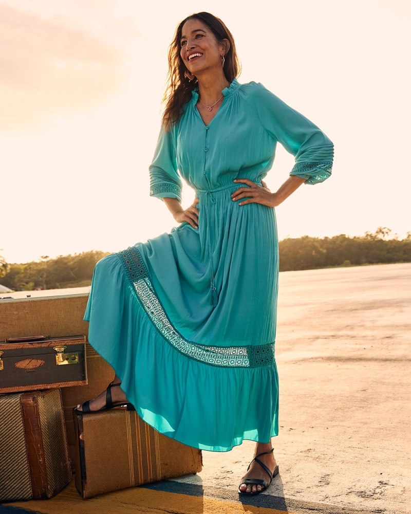 Crochet Detail Ruffle Maxi Dress Pagoda Blue