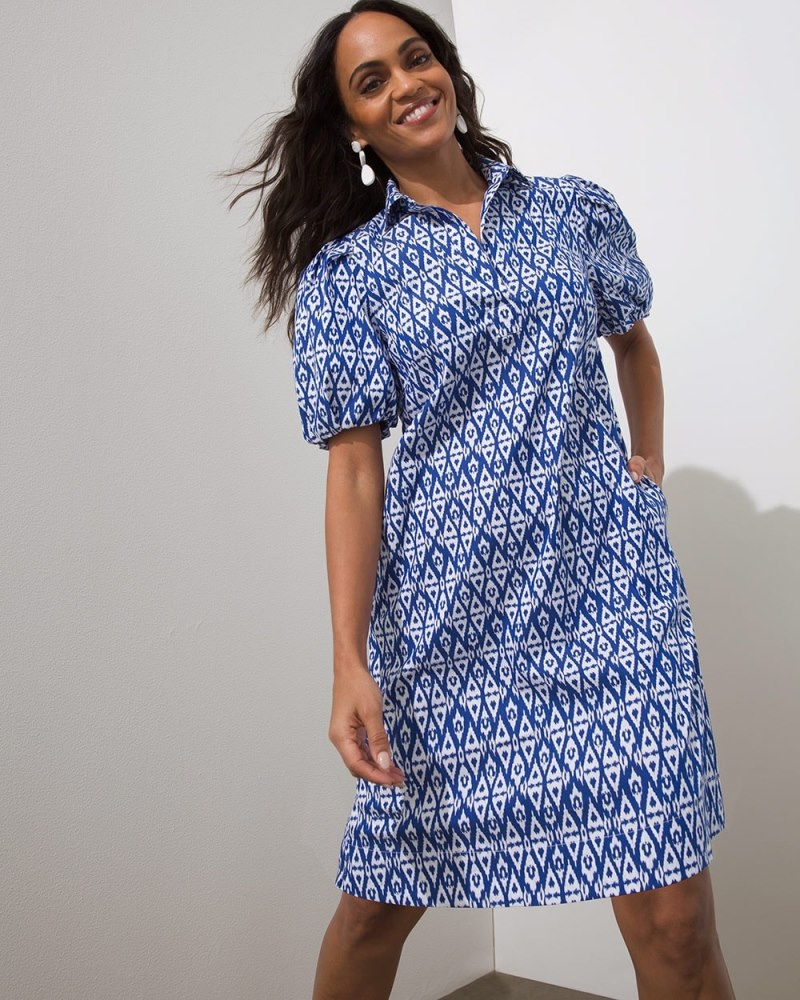Poplin Ikat Balloon Sleeve Dress Rich Cobalt