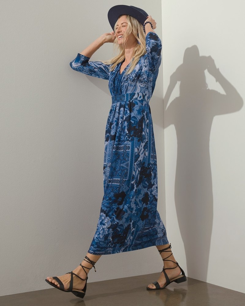 Tapestry Print Pleated Maxi Dress Blue