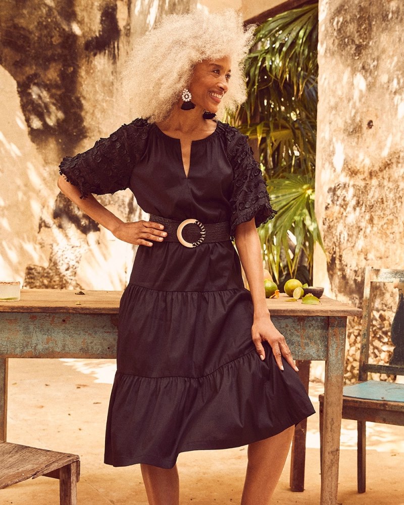 Poplin Fringe Puff Sleeve Dress Black