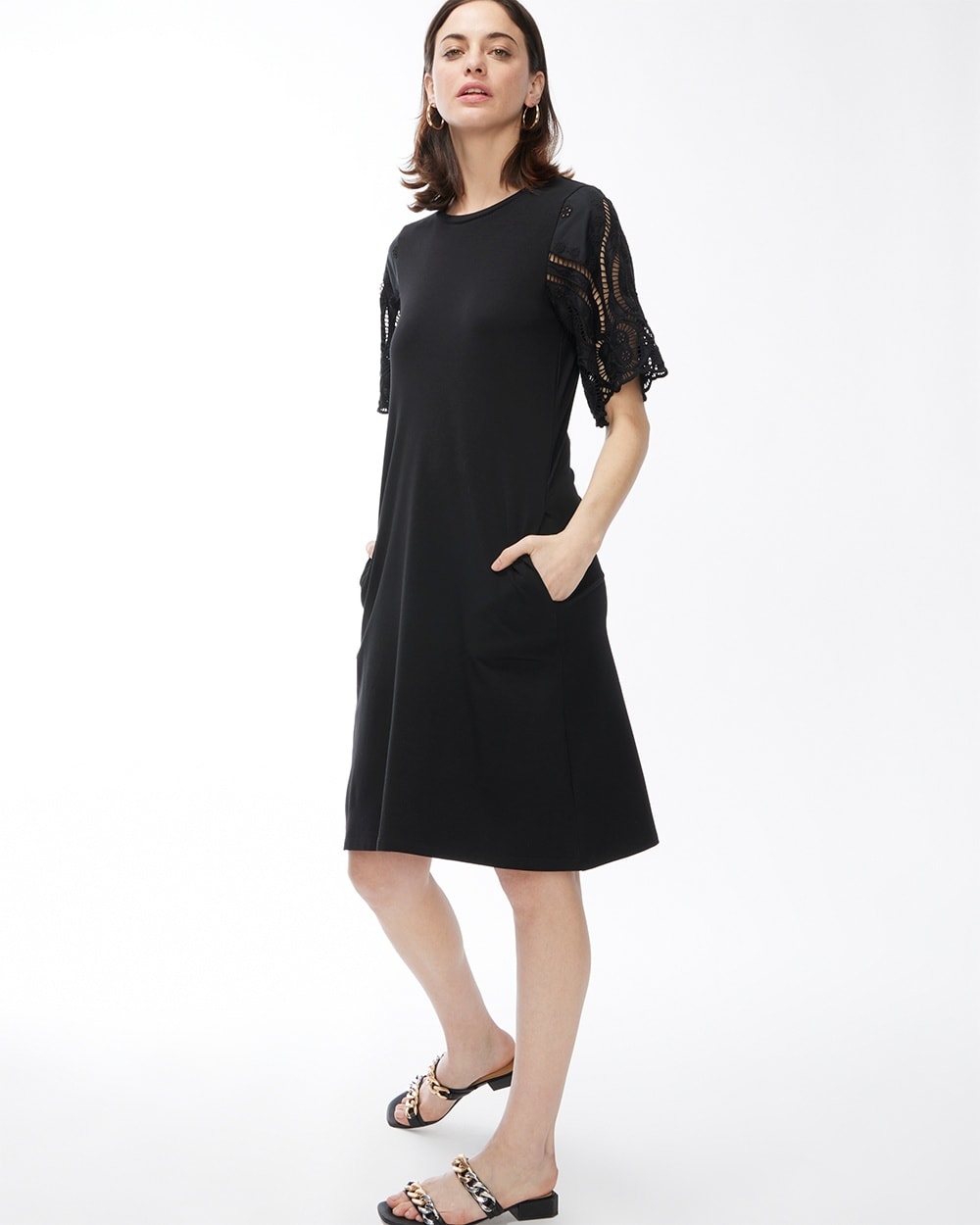 Knit Mix Flutter Sleeve Dress Black