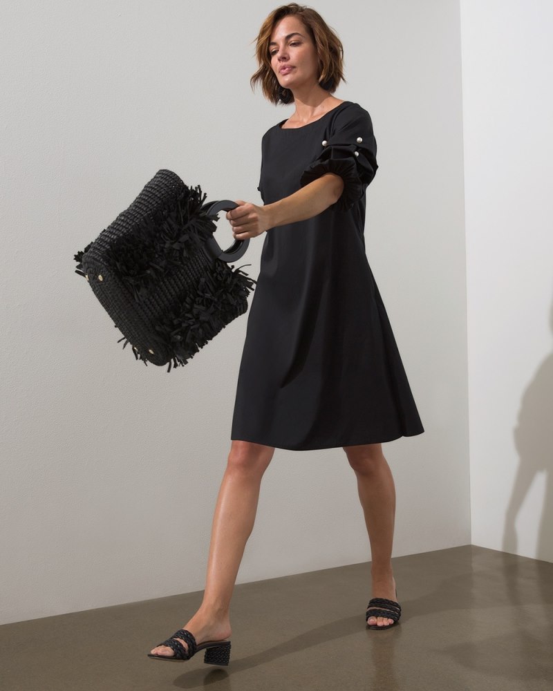 Poplin Faux Pearl Dress Black