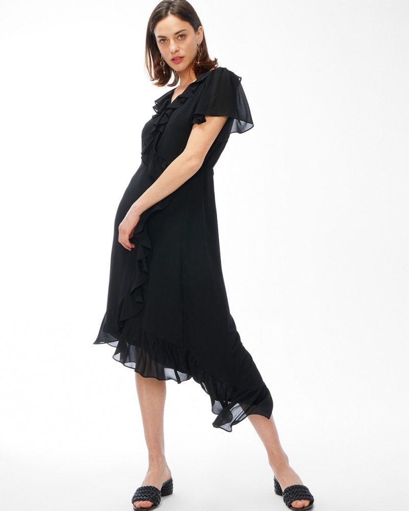 Faux Wrap Ruffle Dress Black