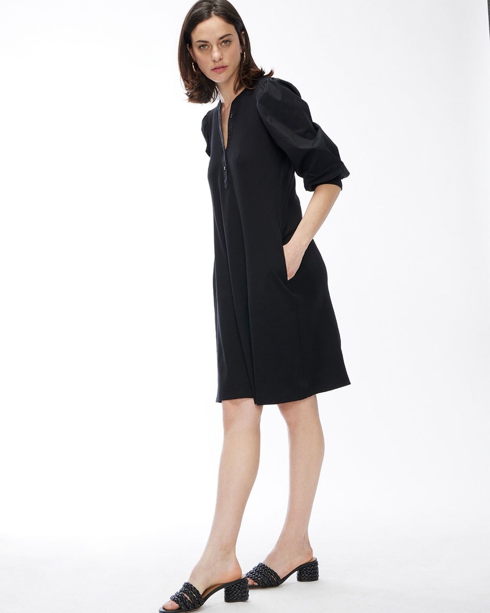 Knit Mix Bow Sleeve Henley Dress Black