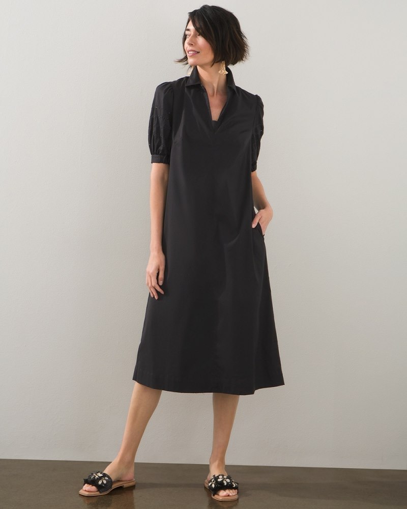 Eyelet Puff Sleeve Midi Dress Black