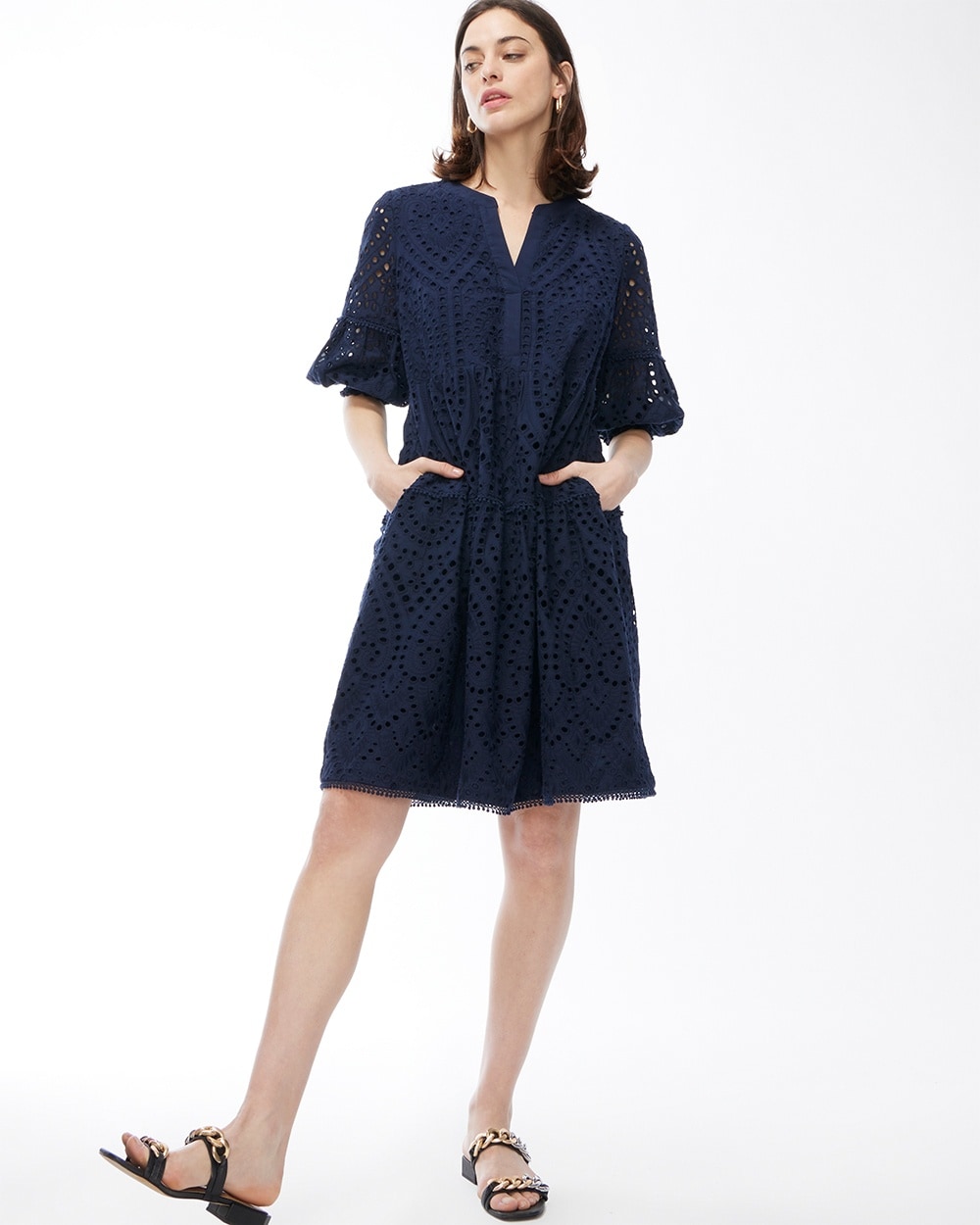 Eyelet Smocked Tiered Dress Classic Navy