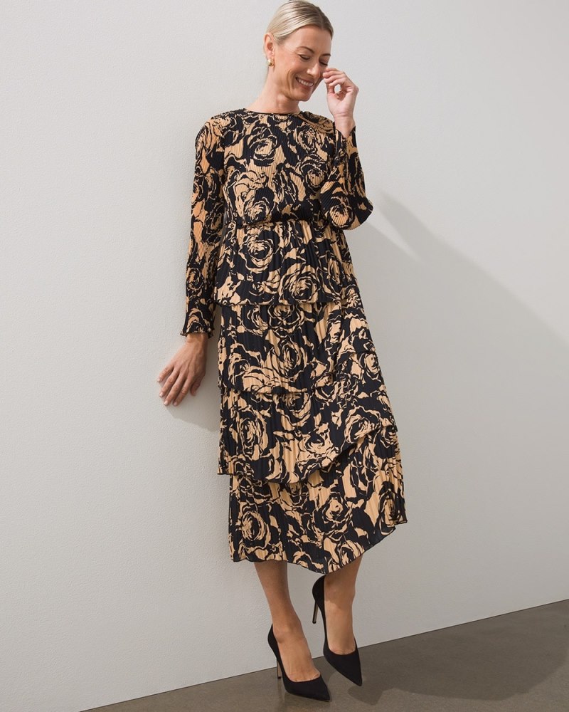 Black Label Floral Pleated Tier Dress Neutral Combo