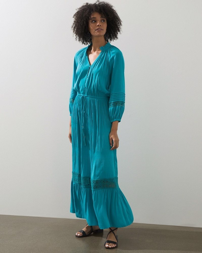 Crochet Detail Ruffle Maxi Dress Pagoda Blue