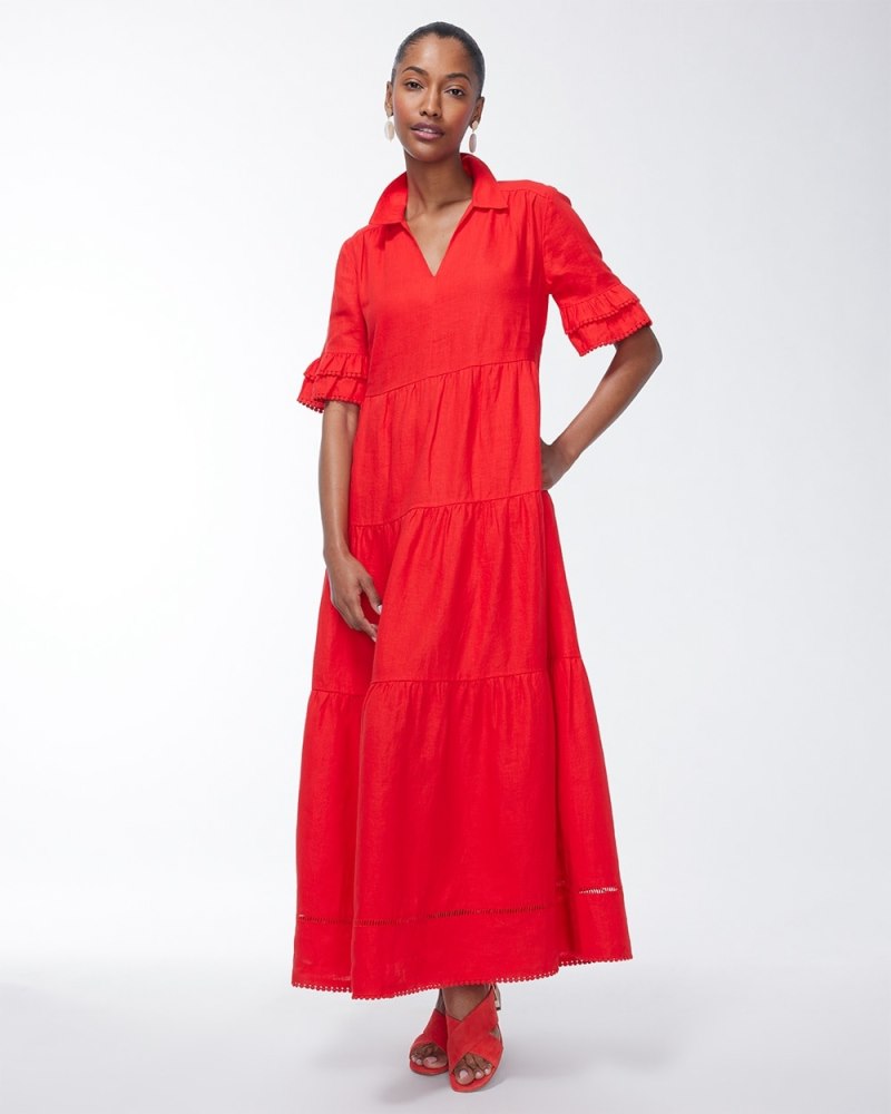 Linen Eyelet Tiered Sundress Flame Scarlet