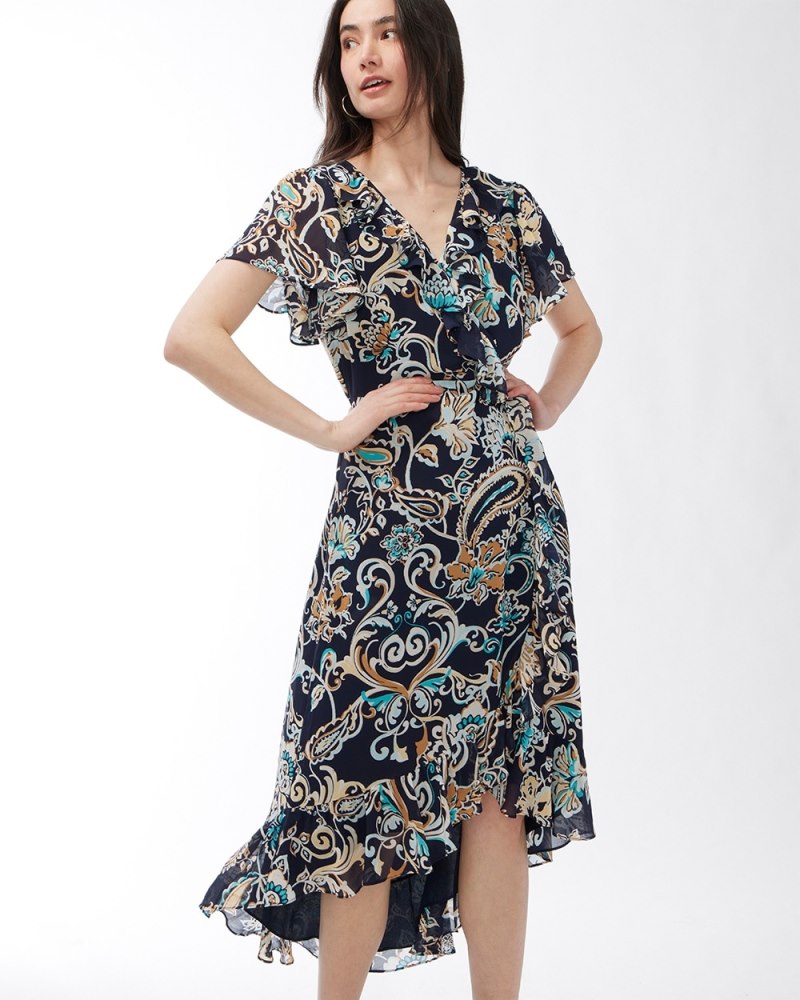 Faux Wrap Paisley Ruffle Dress Classic Navy