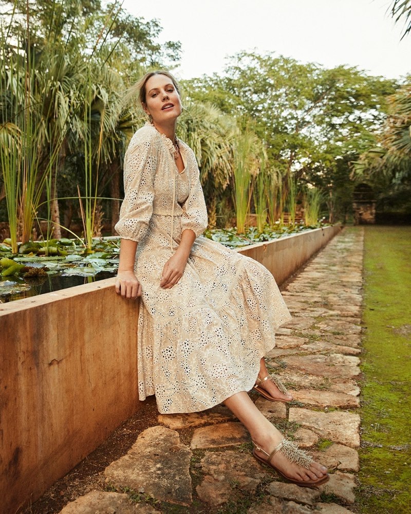 Ruffle Neck Tiered Dress Neutral