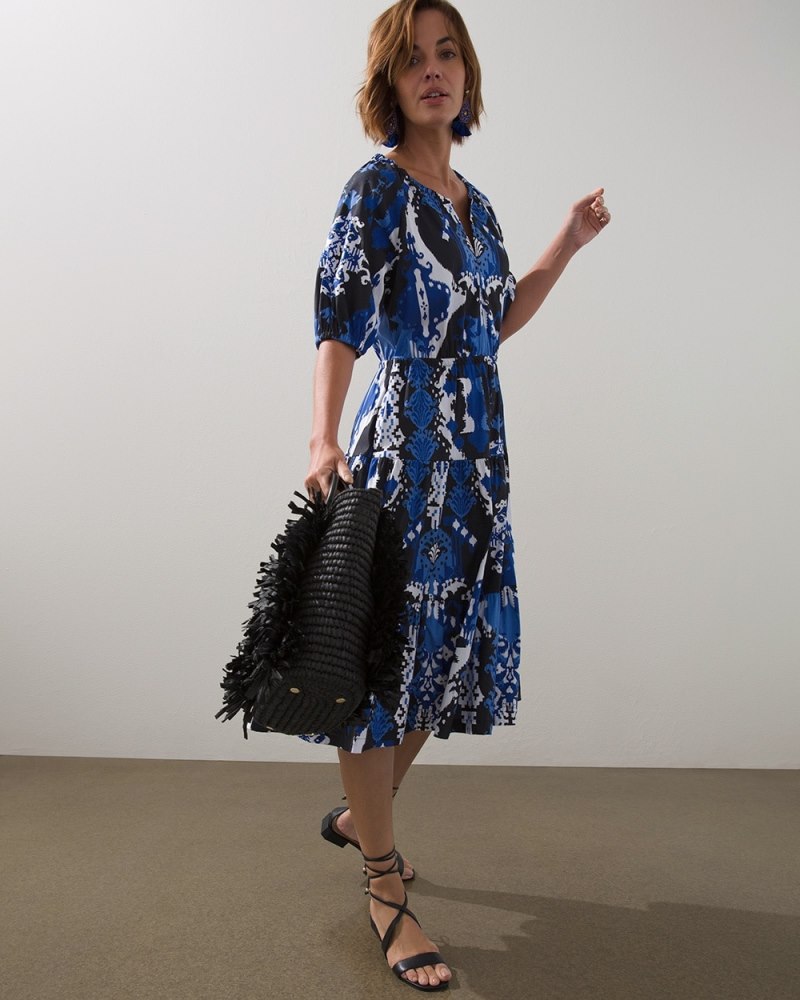 Ikat Puff Sleeve Tiered Dress Atlas Indigo