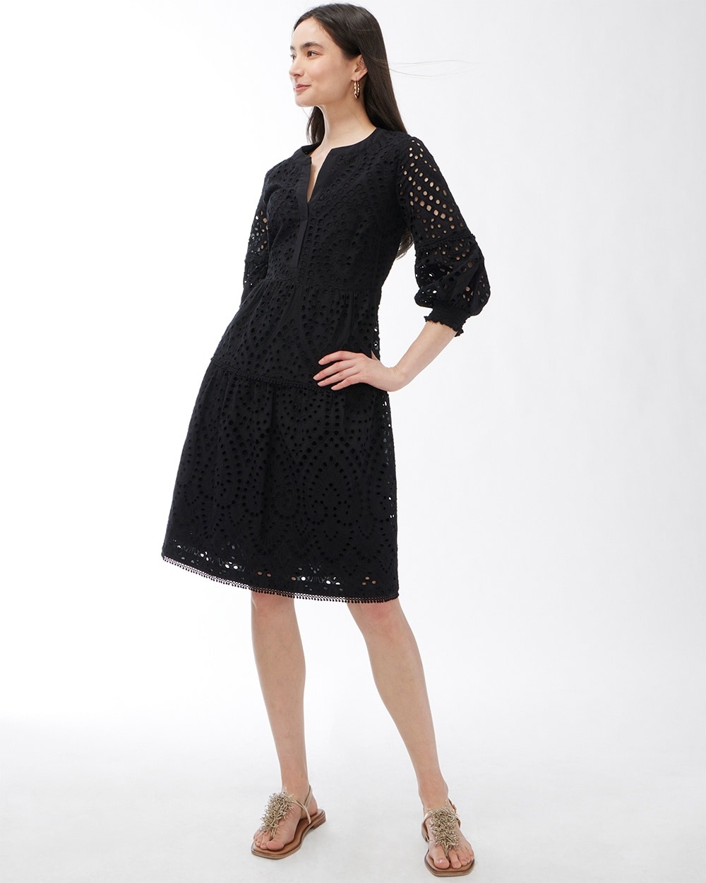 Eyelet Smocked Tiered Dress Black