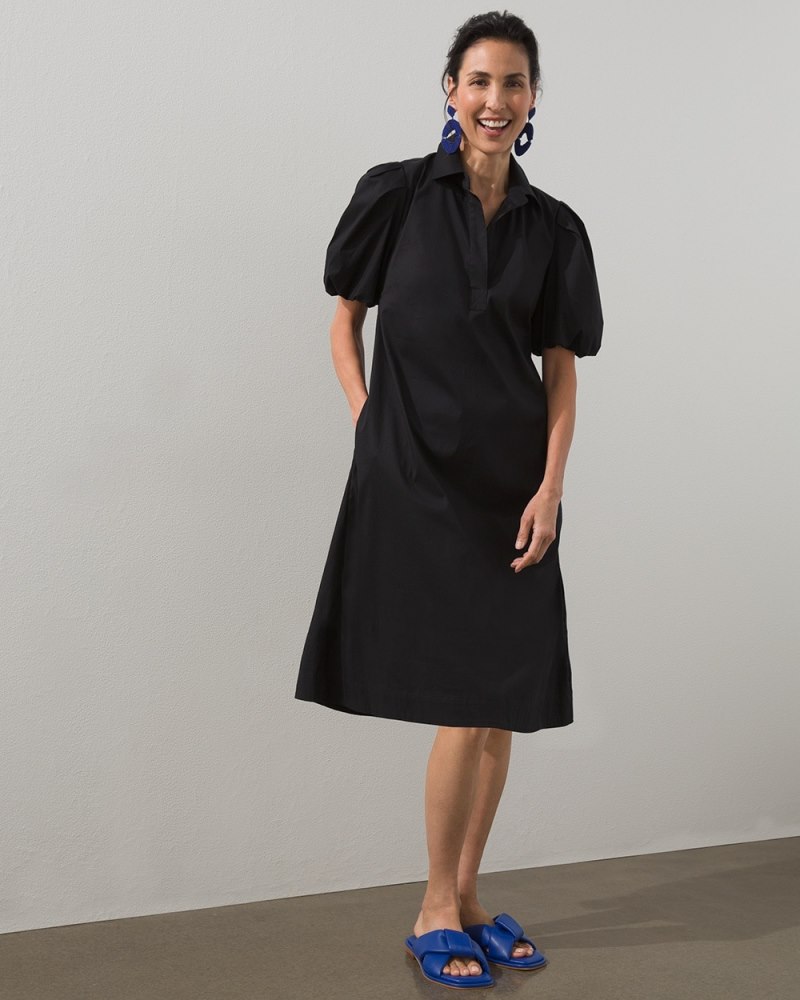 Poplin Balloon Sleeve Dress Black