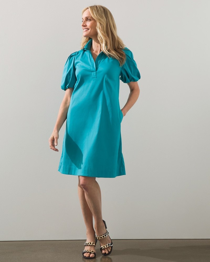 Poplin Balloon Sleeve Dress Pagoda Blue