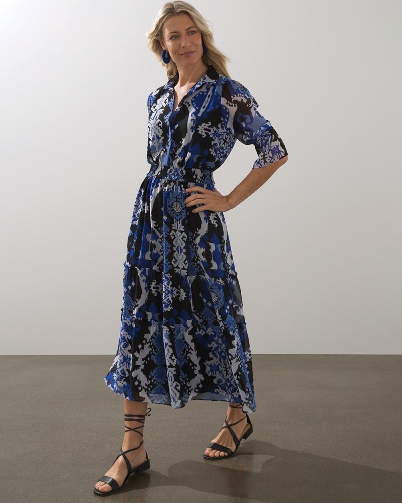 Ikat Tiered Midi Dress Rich Cobalt