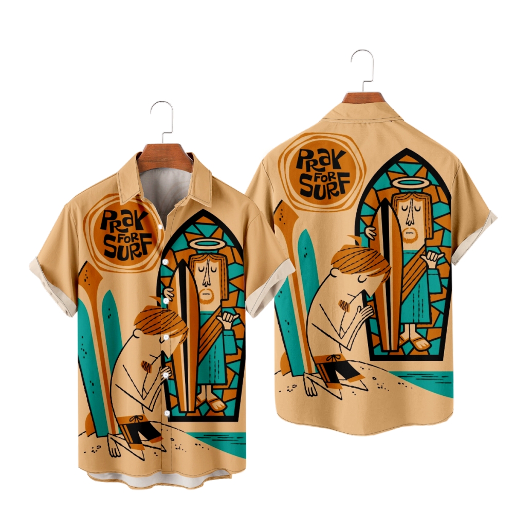 Pray for Surf Button Up Shirt Men's Short Sleeves Shirt Resort Tops Casual Shirt