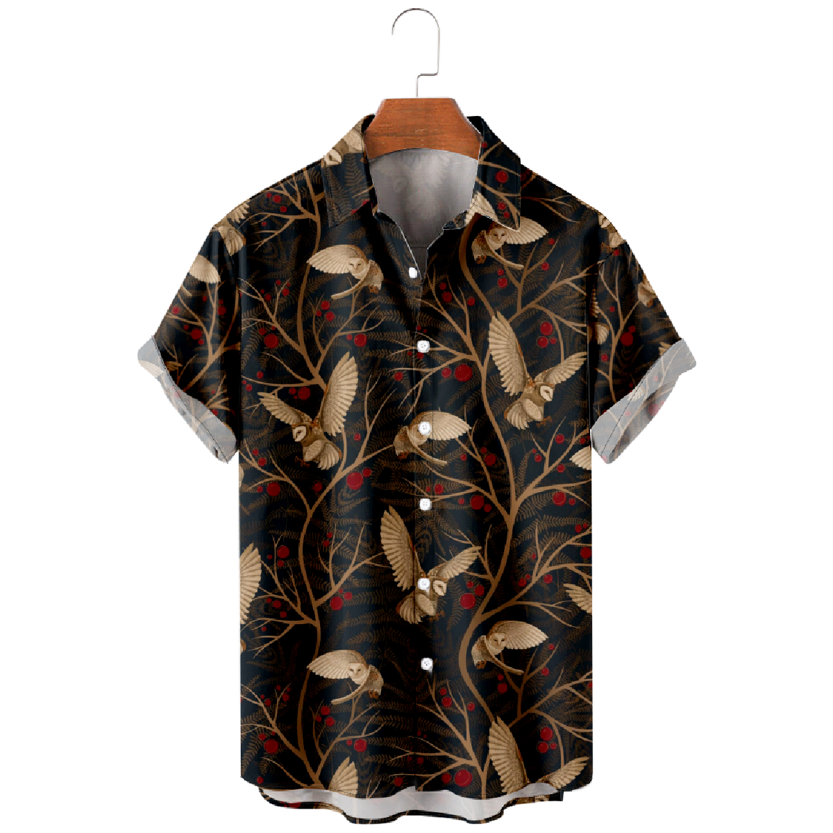 Cute Owl Print Button Up Shirt Mens Short Sleeve Shirt Regular Fit Straight Collar