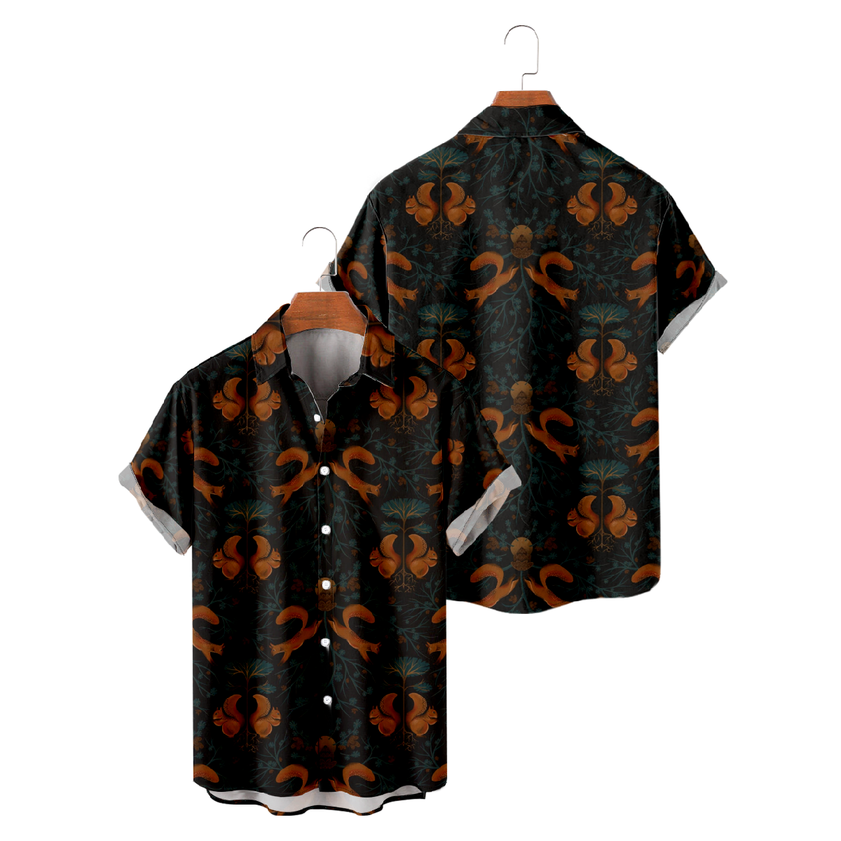 Cute Squirrel Print Button Up Shirt Mens Short Sleeve Shirt Regular Fit Straight Collar