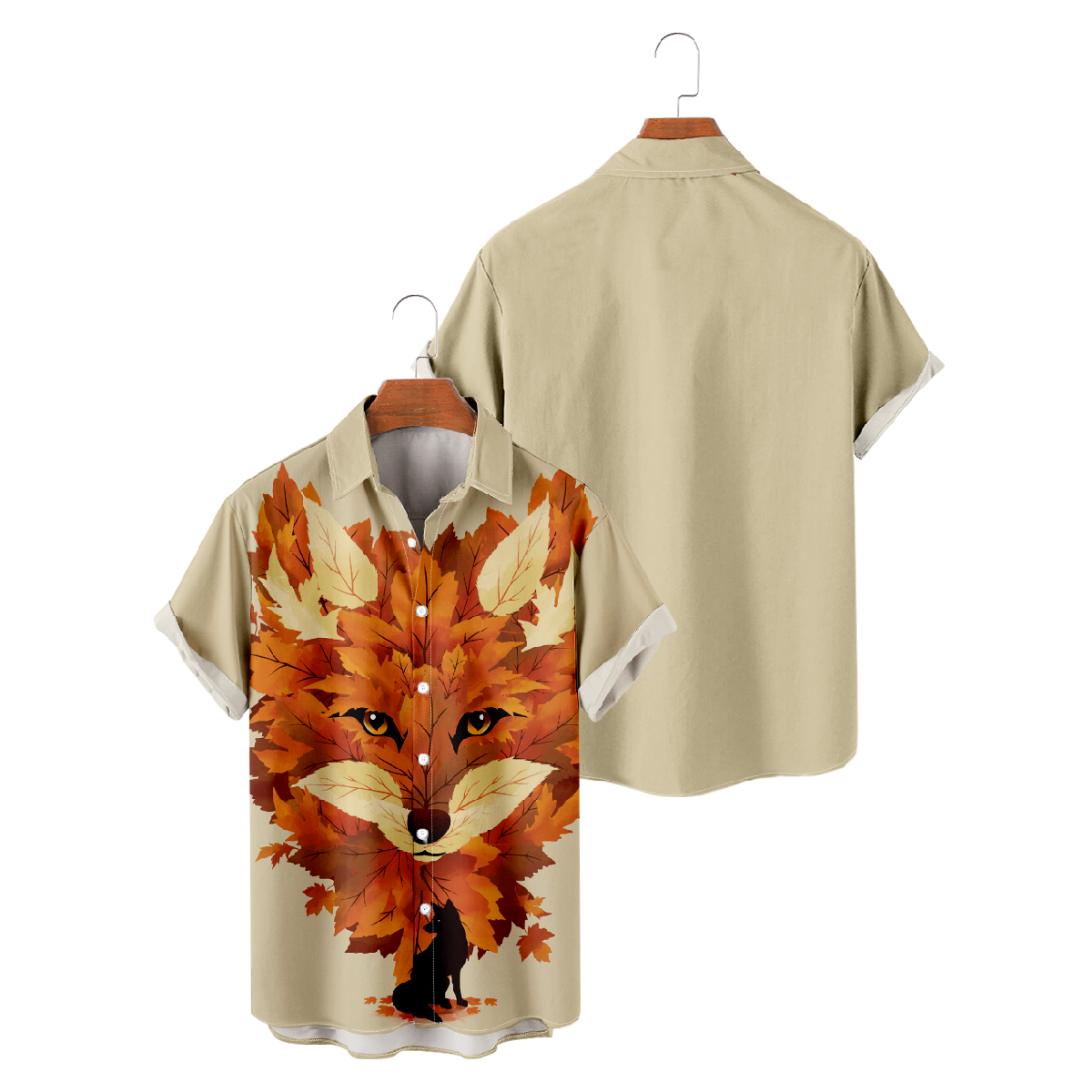 Fox and Nature Button Up Shirt Mens Short Sleeve Shirt Autuman Leaves and Fox Graphic Print