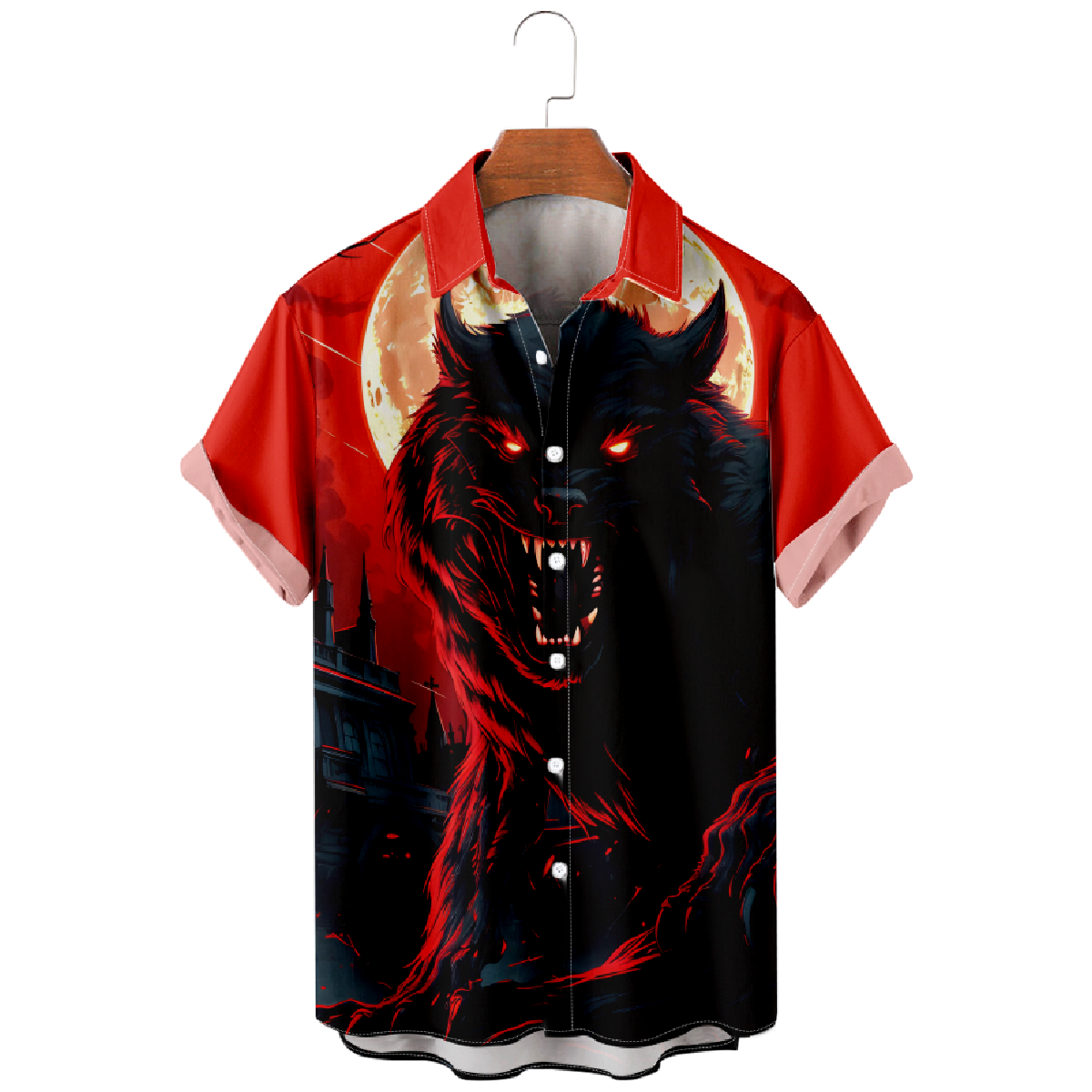 Wolf and Moon Print Button Up Shirt for Men Short Sleeve Shirt Regular Fit