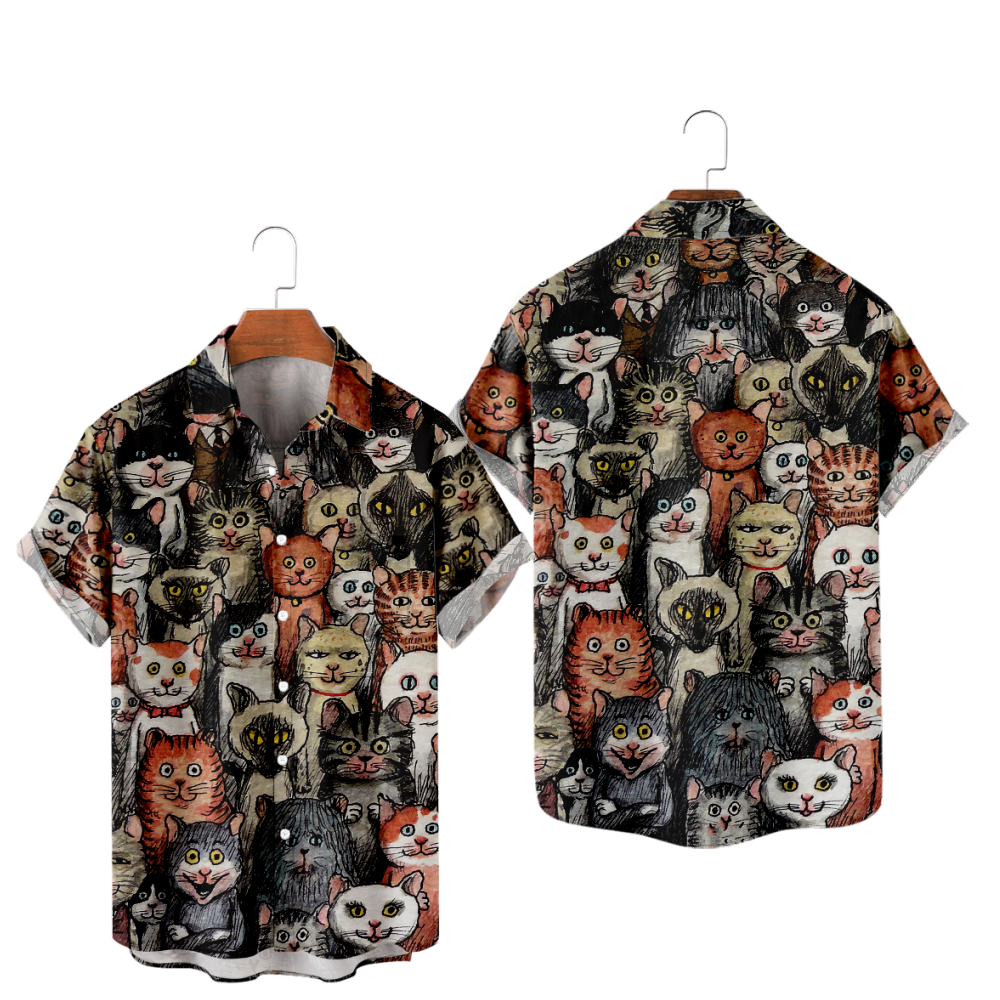 Cat Drawings Button Up Shirt Men's Short Sleeves Shirt with Pockets Straight Collar