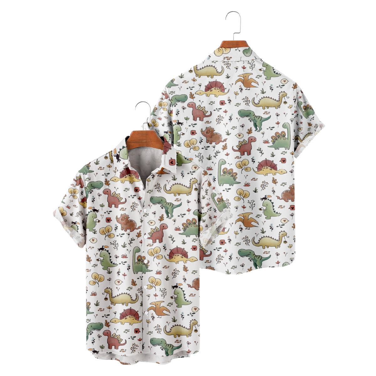 Mens Dinosaur Pattern Print Short-Sleeve Shirt Summer Button Shirt Allover Print