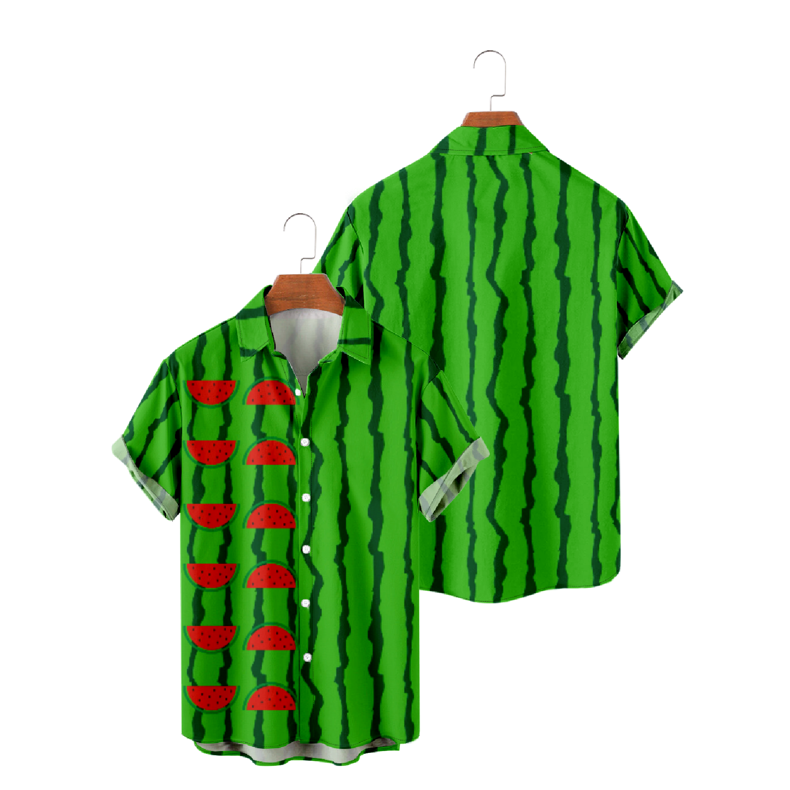 Green Striped Watermelon Button Up Shirt Hawaiian Tropical Fruit Summer Short Sleeve Shirt