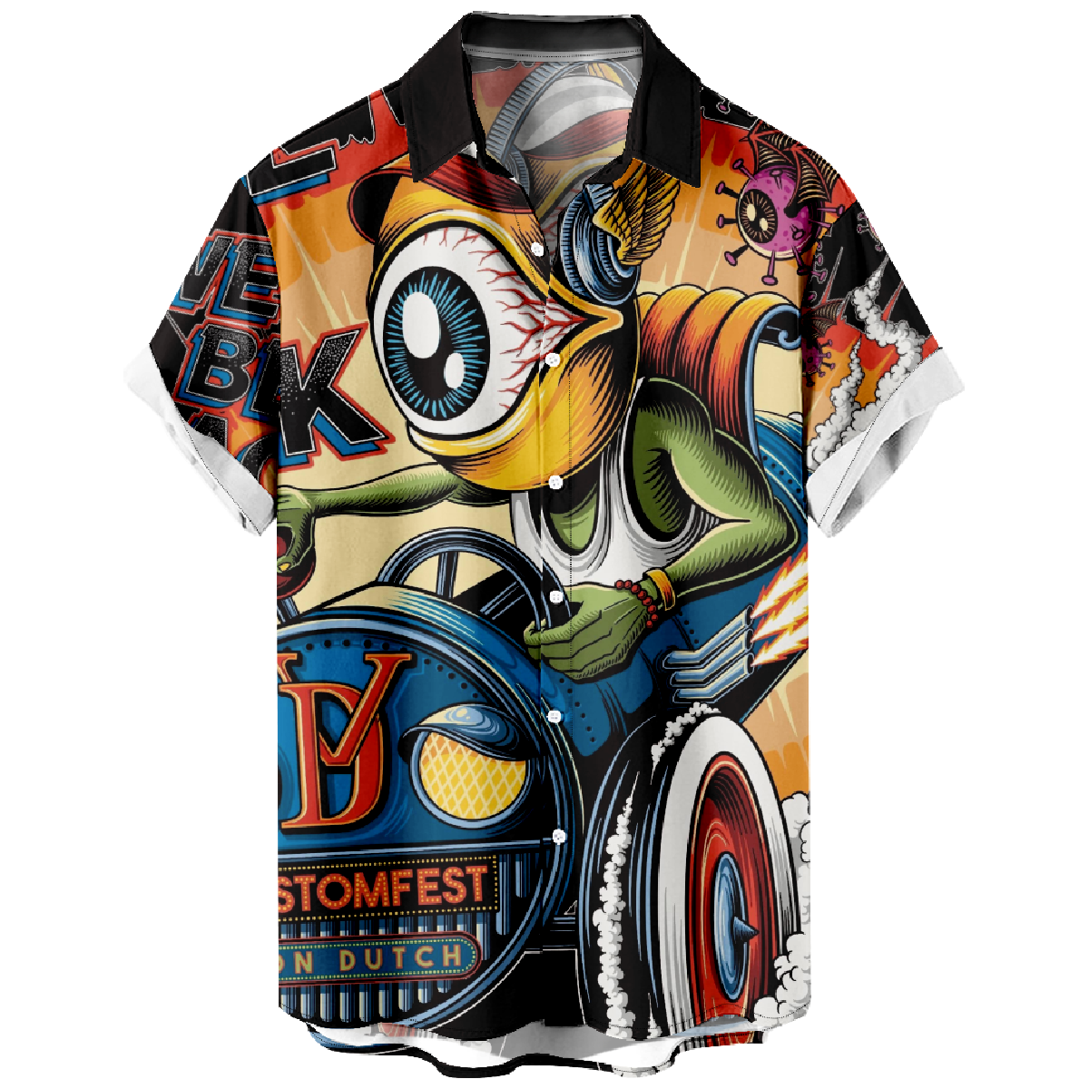 Hot Rods Monster Eyes Print Button Up Shirt Men's Short Sleeve Summer Shirt